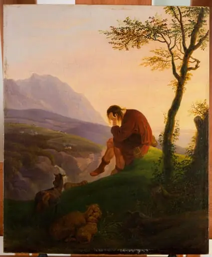 Der Hirte auf der Bergspitze bei Abendschein