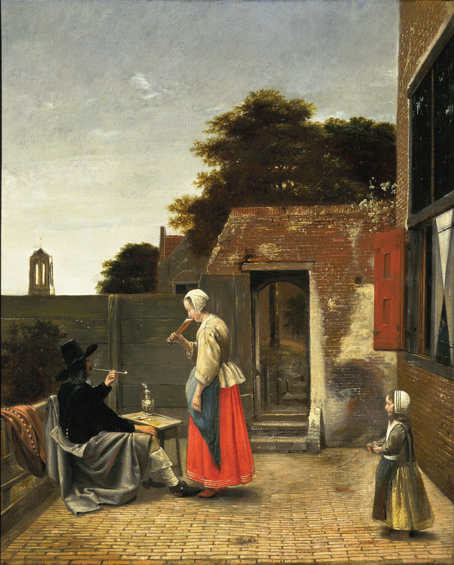 Courtyard with a man smoking and a woman drinking, by Pieter de Hooch, oil, 1658
