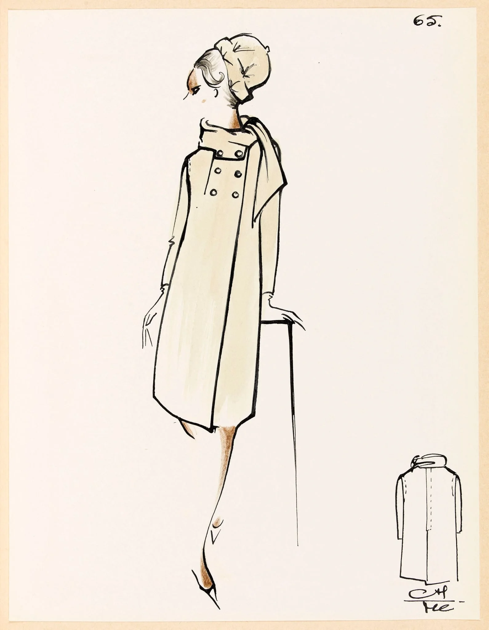Manteau crème à col cravate et chapeau assorti, by Carven, 1967