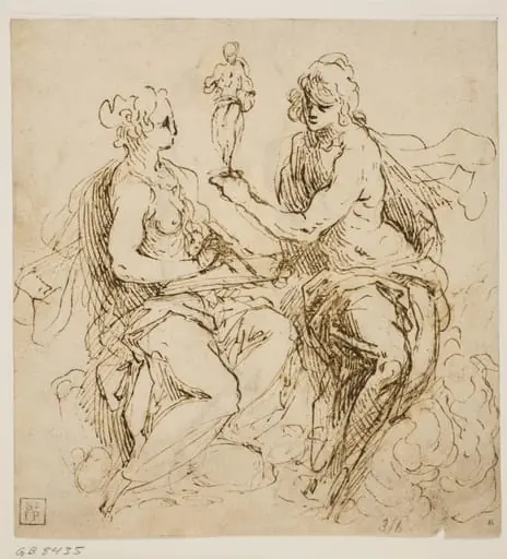 Personifications of Painting and Sculpture sitting on clouds