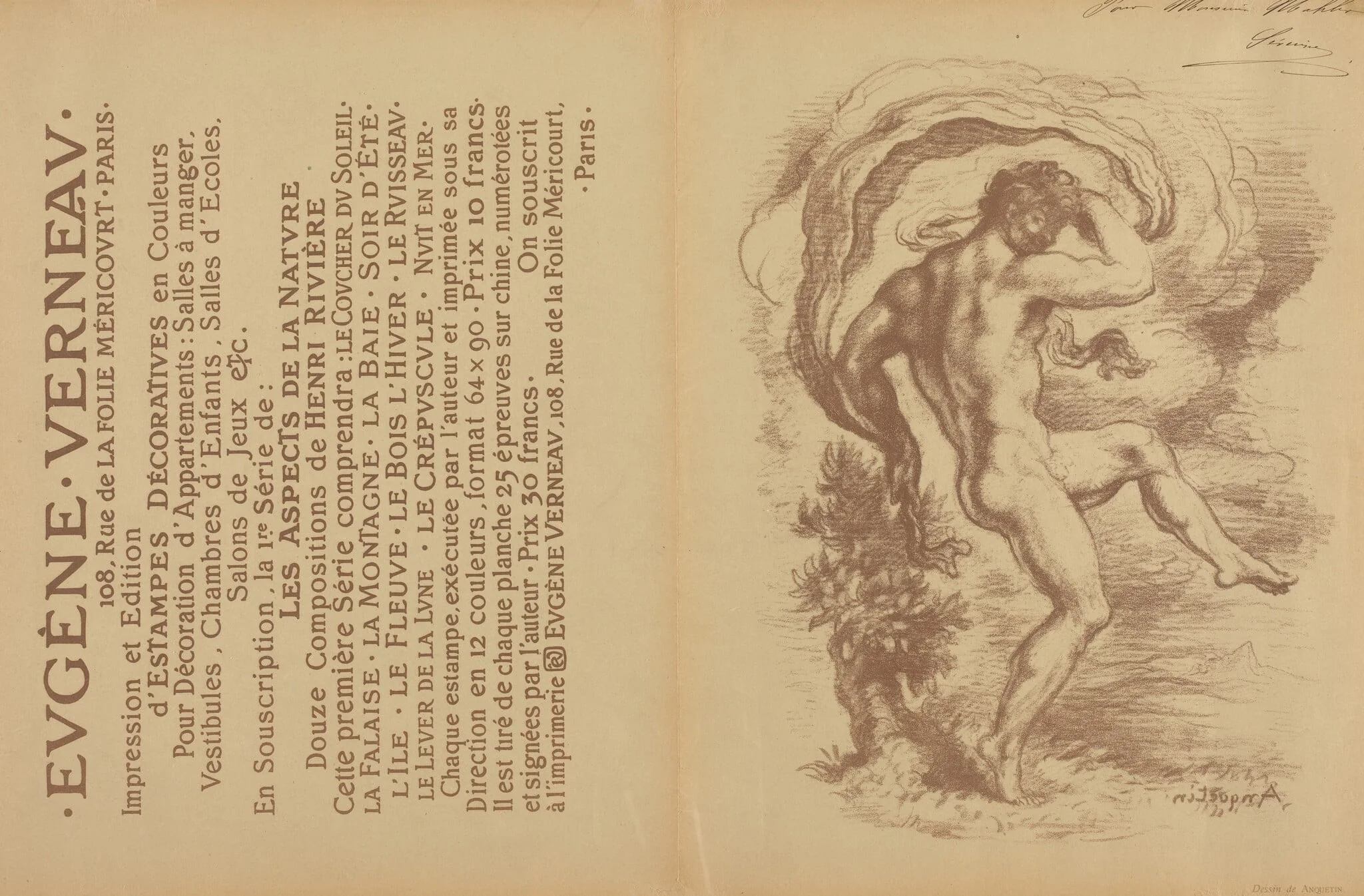 Dancing Nude and Advertisement for Eugène Verneau's "Estampes décoratives" [verso], by Louis Anquetin, ink, 1897