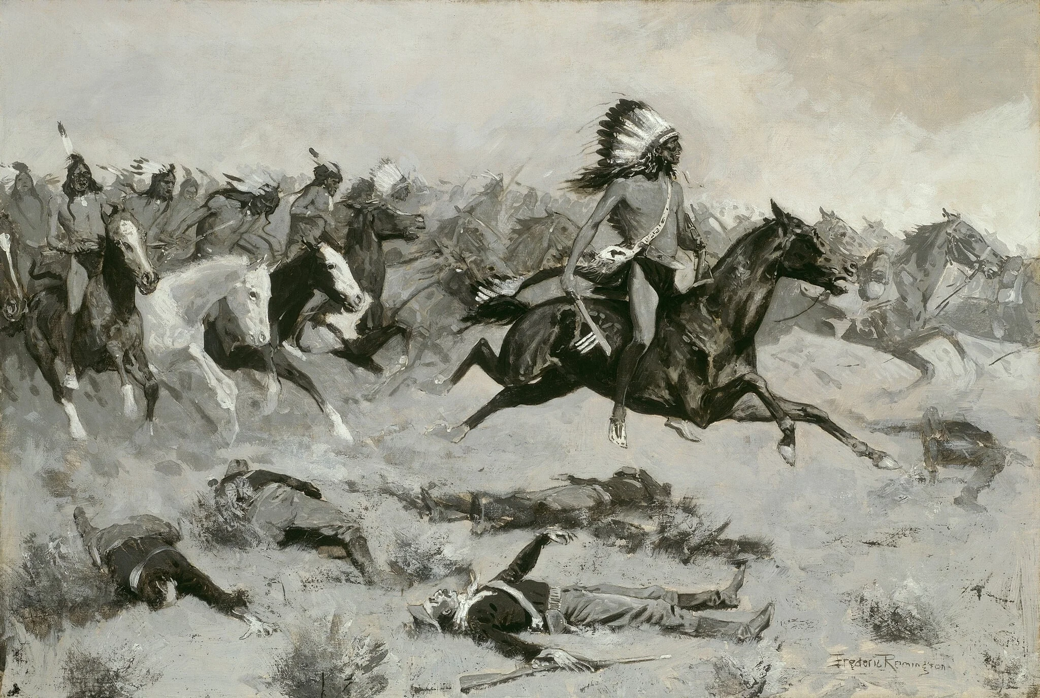 Rushing Red Lodges Passed through the Line, by Frederic Remington, oil, 1900
