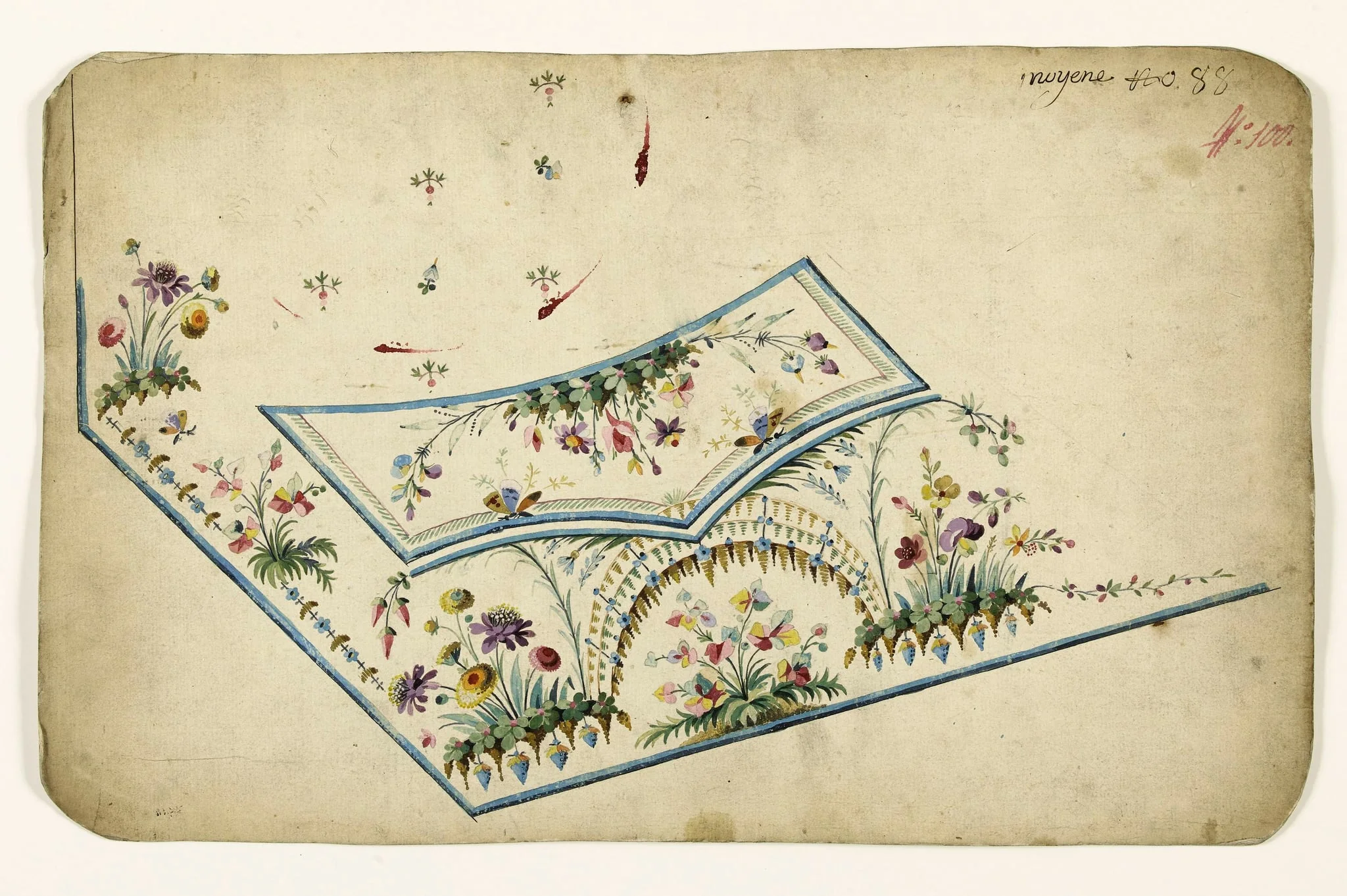 Composition en bouquets de fleurs multicolores et motifs de grappes rayonnants, projets de broderies de gilet, XVIIIème siècle, by Anonyme, 1750