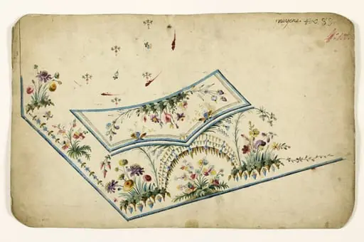 Composition en bouquets de fleurs multicolores et motifs de grappes rayonnants, projets de broderies de gilet, XVIIIème siècle