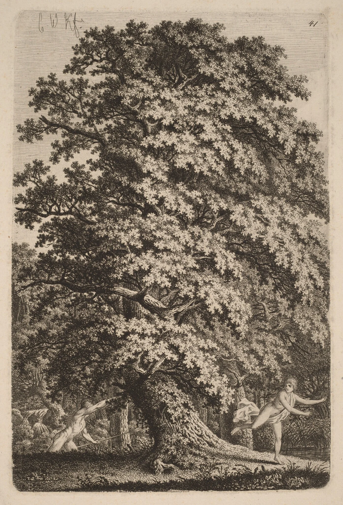 A Large Oak Tree in Gehölz. A Young Man with a Spear Follows a Young Girl., by Carl Wilhelm Kolbe, ink, 1800