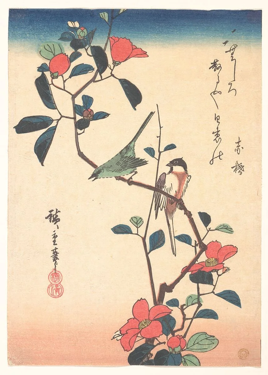 椿に目白と四十雀図|Japanese White-eye and Titmouse on a Camellia Branch, by Utagawa Hiroshige, ink, 1840
