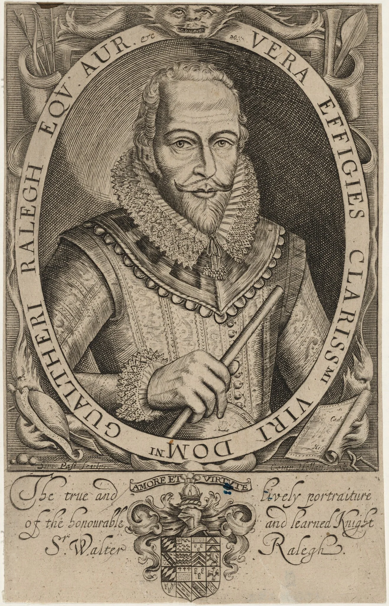 Sir Walter Raleigh, by Simon van de Passe, ink, 1621