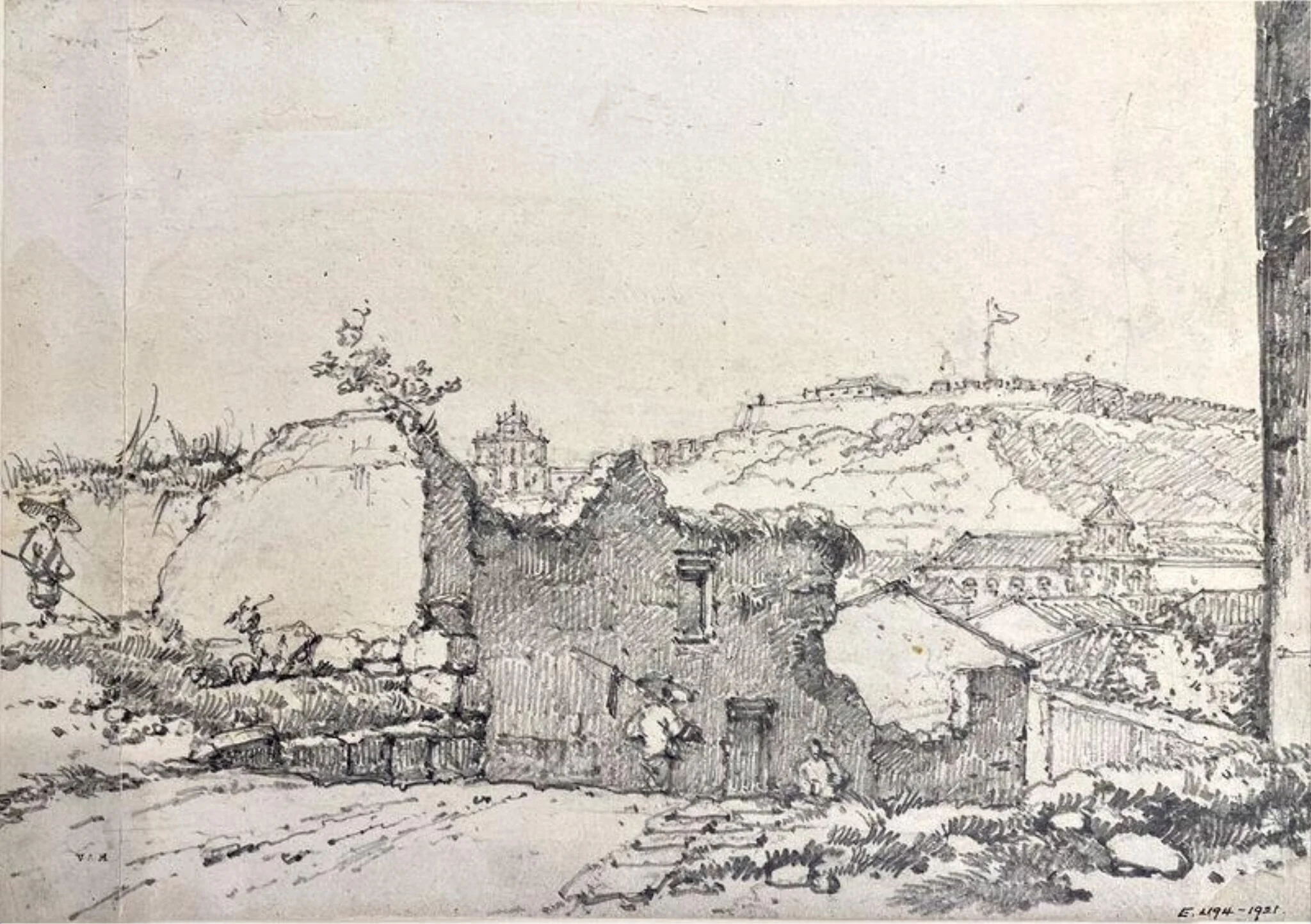 Ruinous buildings, Macau, with distant views of the façade of S. Paulo, Monte Fort and S. Domingos Church