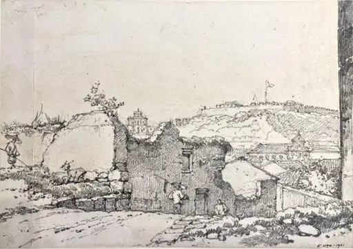 Ruinous buildings, Macau, with distant views of the façade of S. Paulo, Monte Fort and S. Domingos Church