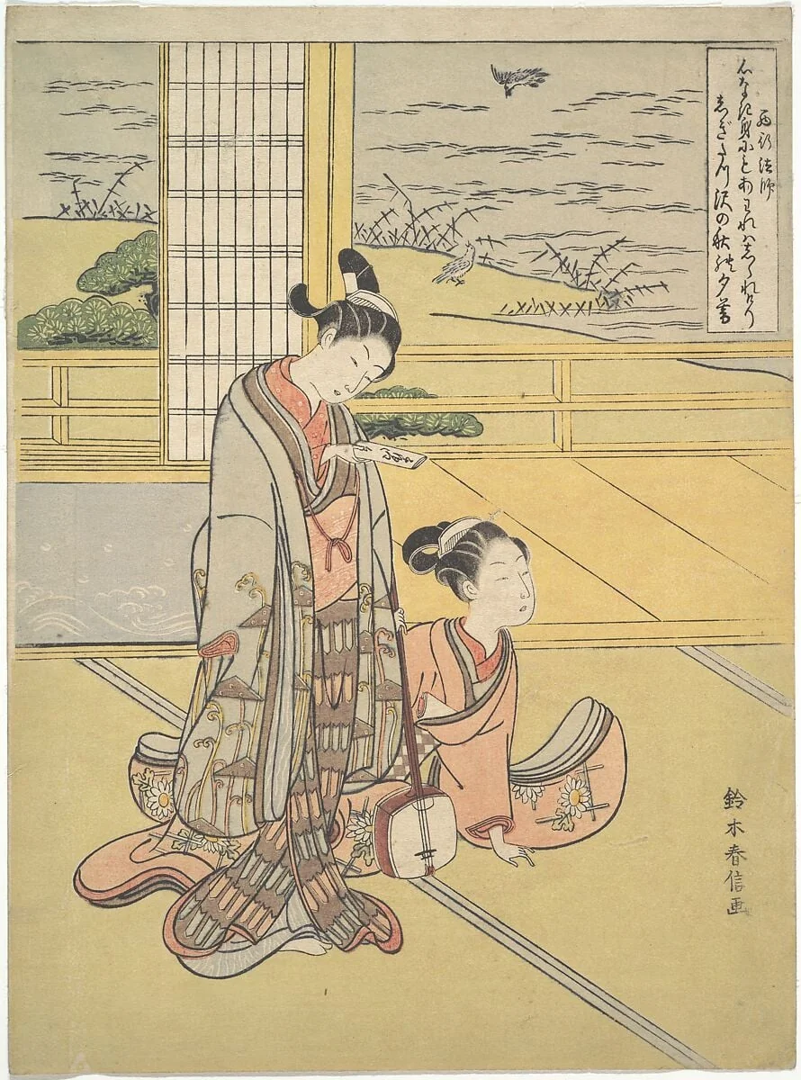 鈴木春信画　見立三夕　「西行法師」|A Young Man and Woman with a Shamisen; Monk Saigyō, from a series alluding to the Three Evening Poems (Sanseki waka), by Suzuki Harunobu, ink, 1768