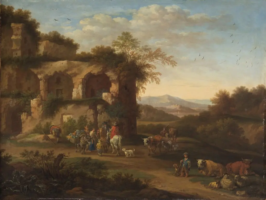 Italian landscape with antique ruins and herders