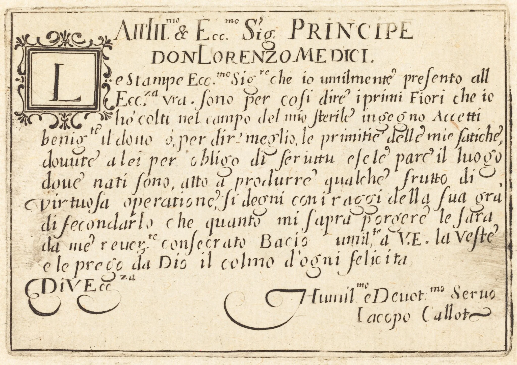 Dedication to Don Lorenzo de' Medici, by Jacques Callot, ink, 1622