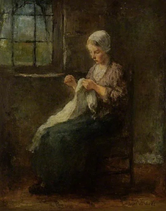 A young girl sewing, seated at a window, by Jozef Israëls, oil, 1874