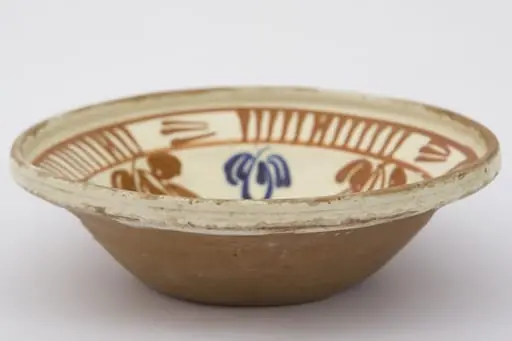 Piesă ceramică de dimensiuni medii, smălțuit la interior, având formă tronconică, cu baza plată, pereții ridicați și buza evazată. Întreaga suprafață interioră a piesei a fost decorată cu motive geometrizante și fitomorfe stilizate. O floare, cu petale verzi, roșii și albastre și cu un punct roșu în mijloc, este mărginită de un brâu circular, compus din opt reprezentări florale, cu aceiași cromatică. Marginal, pe buza piesei a fost realizat cel de-al doilea registru: două linii circulare, care încadrează patru registre, compuse din linii verticale, despărțite de alte patru registre din linii orizontale (2-3 linii). Farfuria era folosită în gospodărie pentru decorarea interioarelor. Prezintă uzură funcțională. Cromatică: fond: cărămiziu (exterior); crem (interior); motive: roșu; albastru; verde.