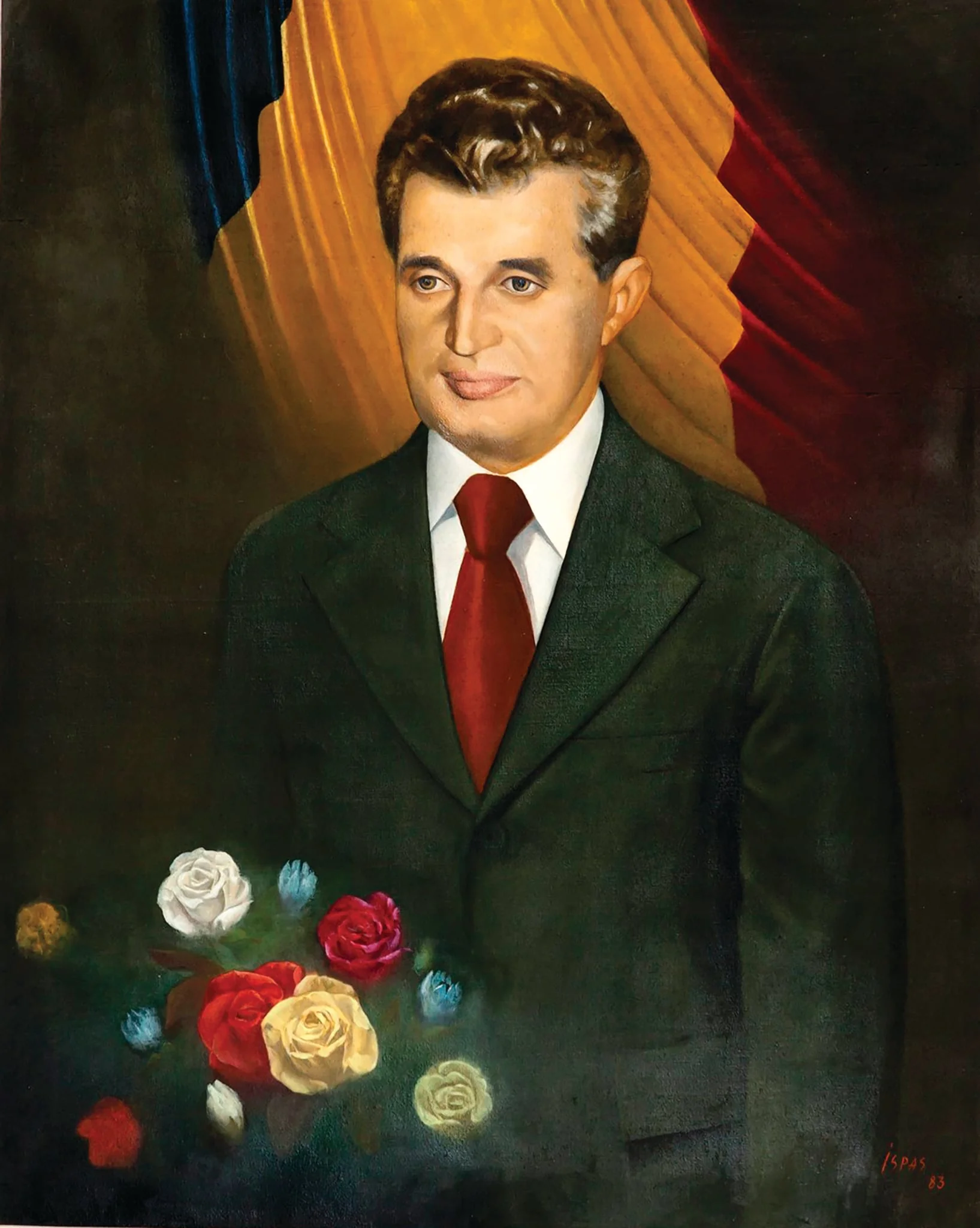 Tablou ulei pe pânză, portret Nicolae Ceaușescu semnat Ispas și datat în partea dreaptă jos. Este prezentat într-o postură solemnă cu un buchet de trandafiri, în spatele său tricolorul. Culorile drapelului se regăsesc și în coloritul trandafirilor. Comandat de Comitetul Județean de Partid Alba (1983)., by Alexandru N. Ispas