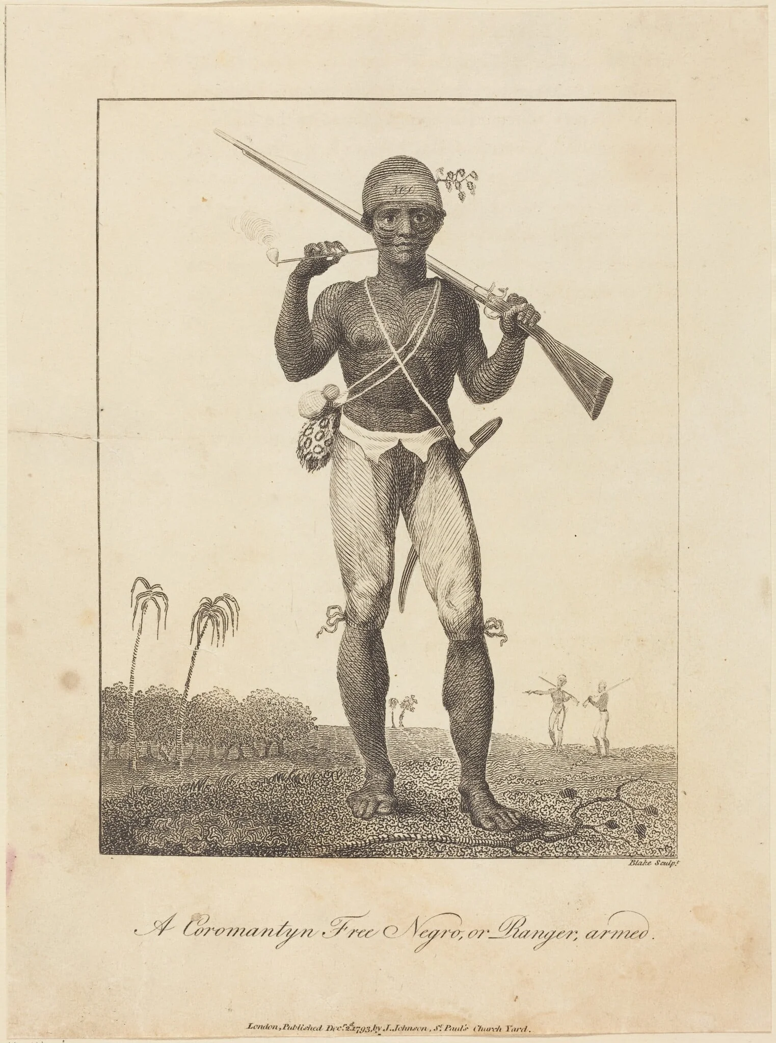 A Coromantyn Free Negro, or Ranger, armed, by William Blake, ink, 1793