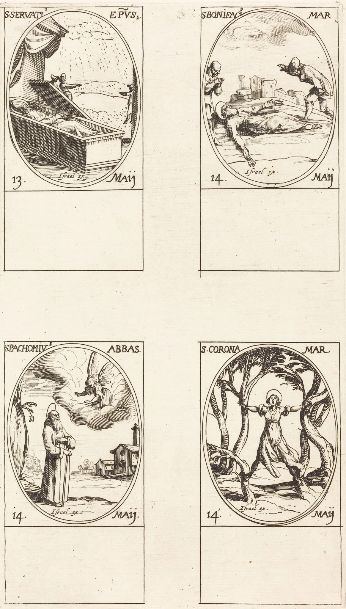 St. Servatius; St. Boniface; St. Pachomius; St. Corona, by Jacques Callot, ink, 1634
