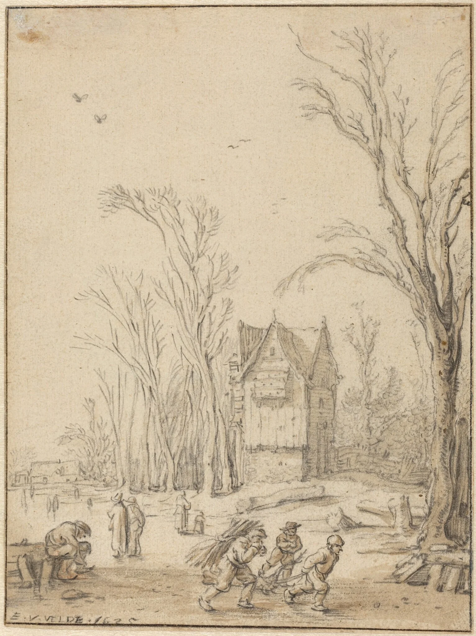 Villagers Skating on a Frozen Pond, by Velde, Esaias van de, I, chalk, 1625