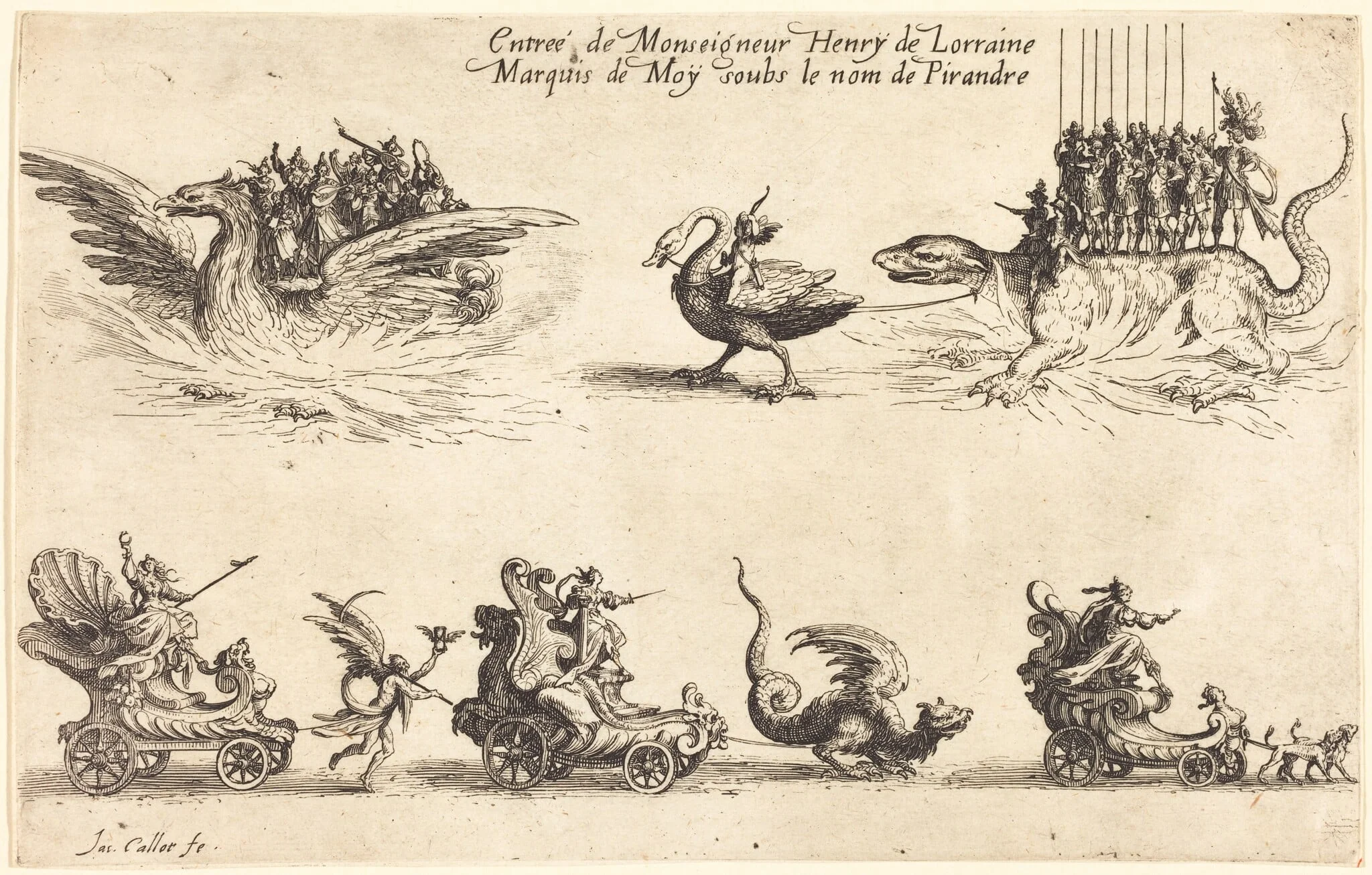 Entry of Monseigneur Henry de Lorraine, Marquis de Moy, under the Name of Pirandre, by Jacques Callot, ink, 1627