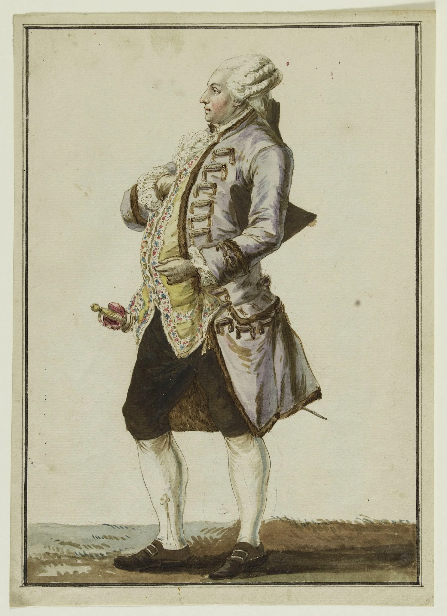 Homme vêtu d'un habit en surtout à brandebourgs de camelot de soie, by Pierre Thomas Le Clerc ou Leclerc, unspecified, 1776