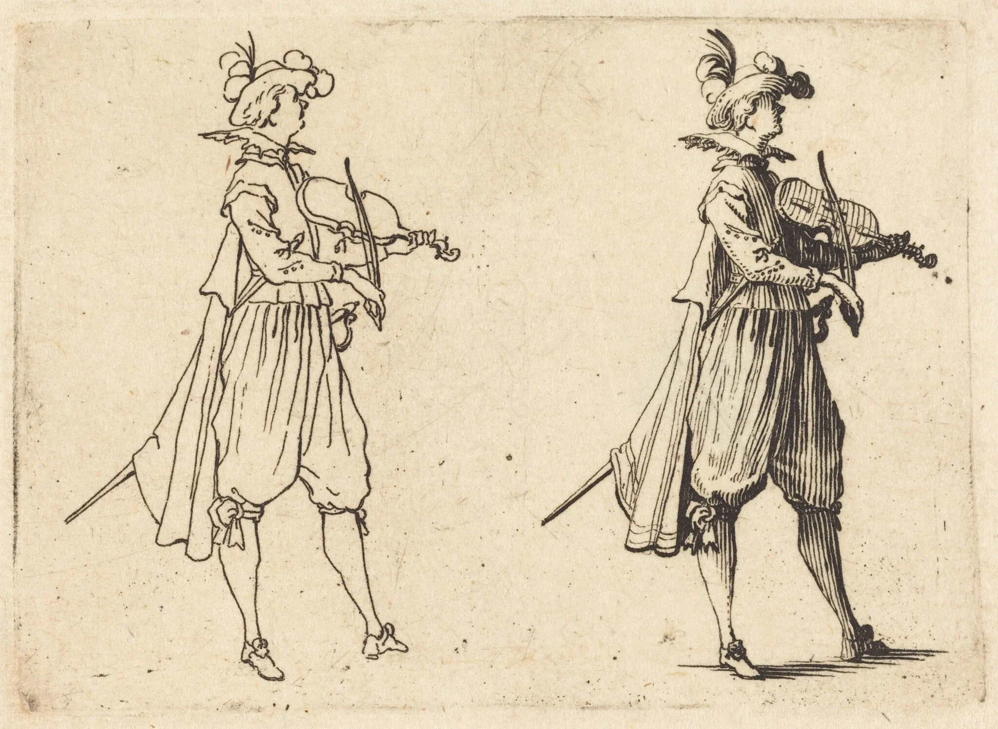Violinist, by Jacques Callot, ink, 1617