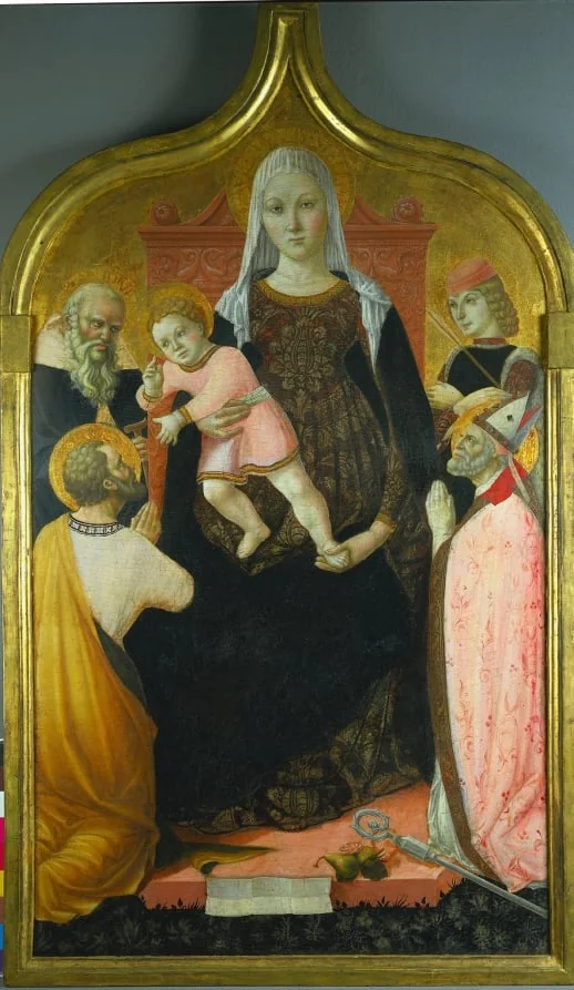Virgin and Child, with Saints Anthony Abbott, Mark, Severino, and Sebastian, by Lorenzo da Sanseverino, unspecified, 1493