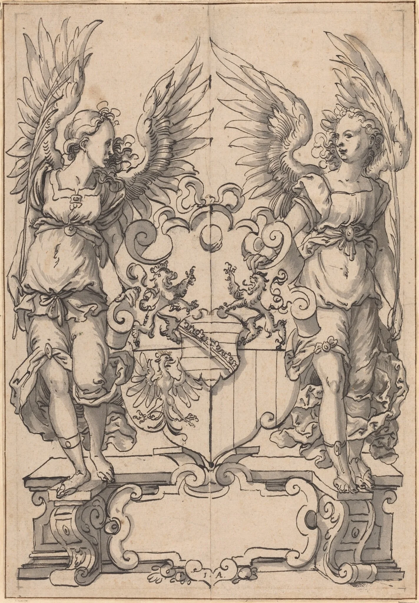 Two Angels Holding a Coat of Arms, by Jost Amman, ink, 1565