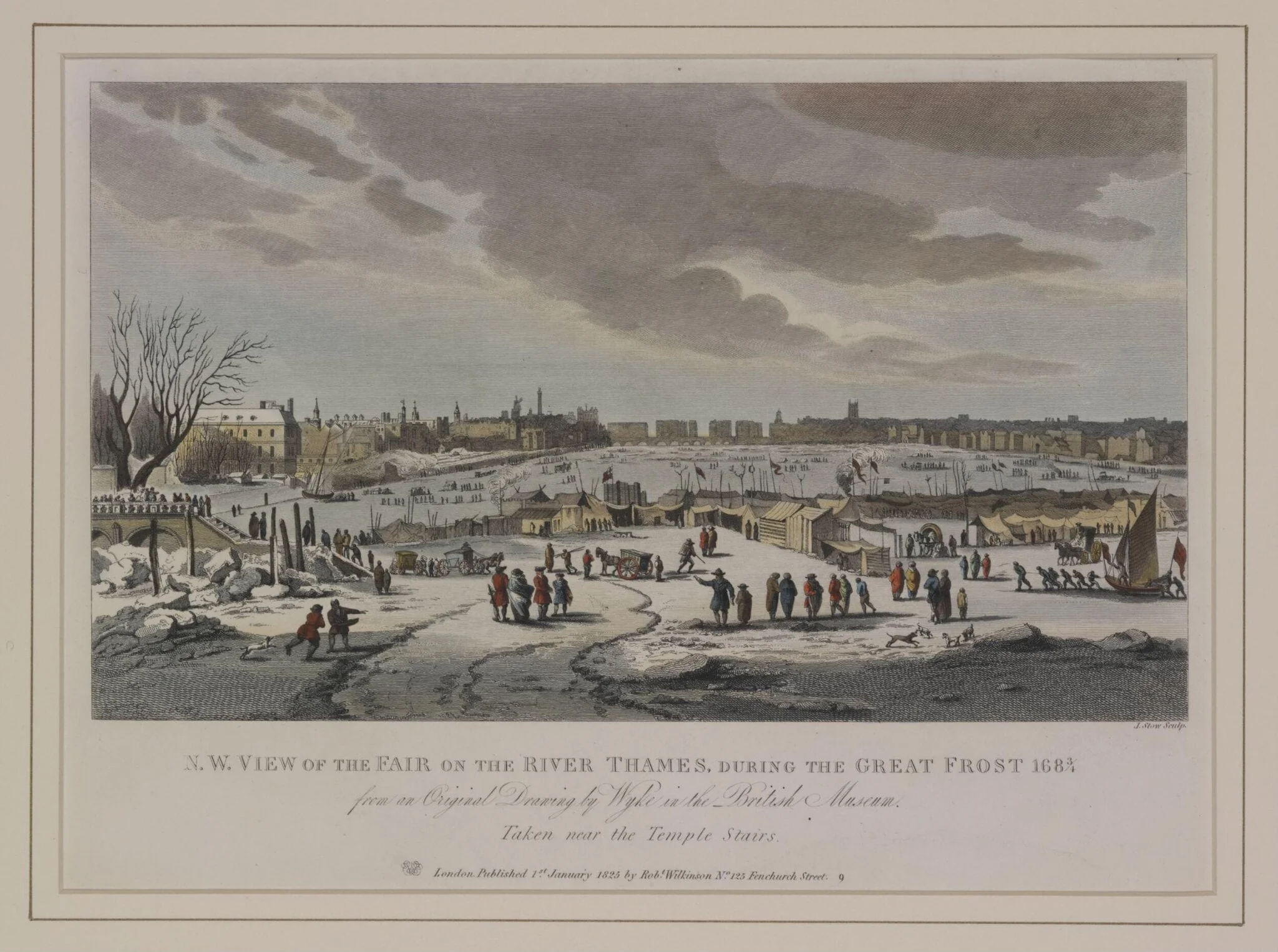 N.W. View of the Fair on the River Thames during the Great Frost 1683/4 from an Original Drawing by Wyke in the British Museum. Taken near Temple Stairs