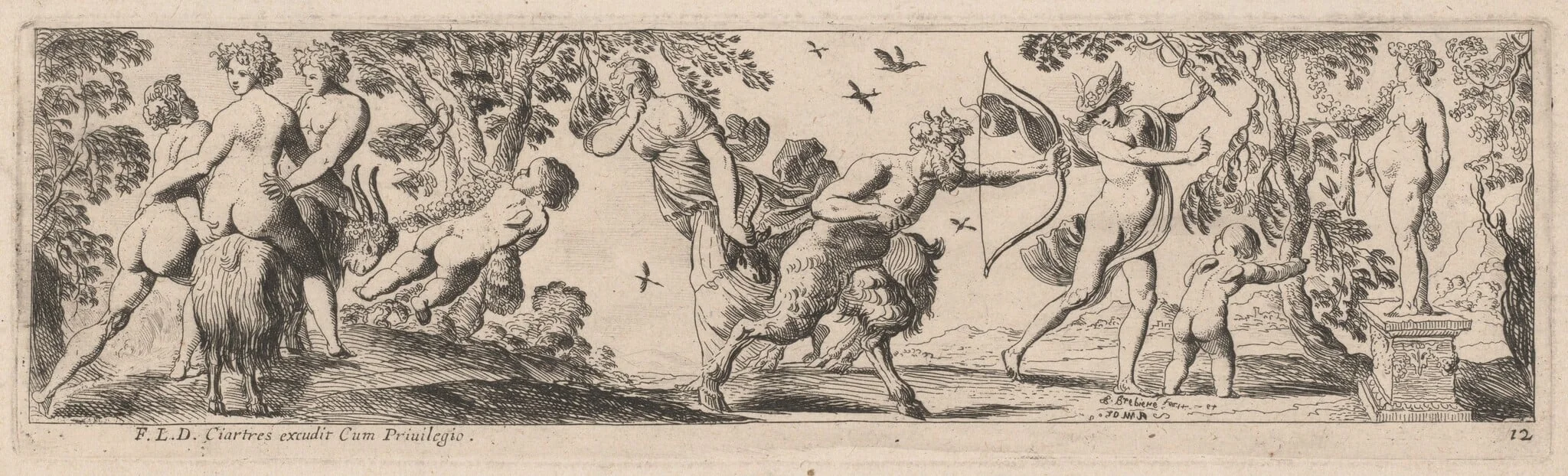 Satyr and Mercury Shooting at a Statue, by Pierre Brebiette, ink, 1626