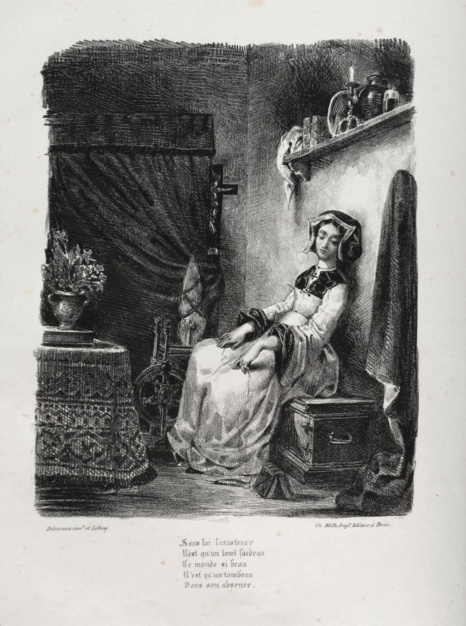 Illustrations for Faust:  Marguerite with the wheel, by Eugène Delacroix, 1828