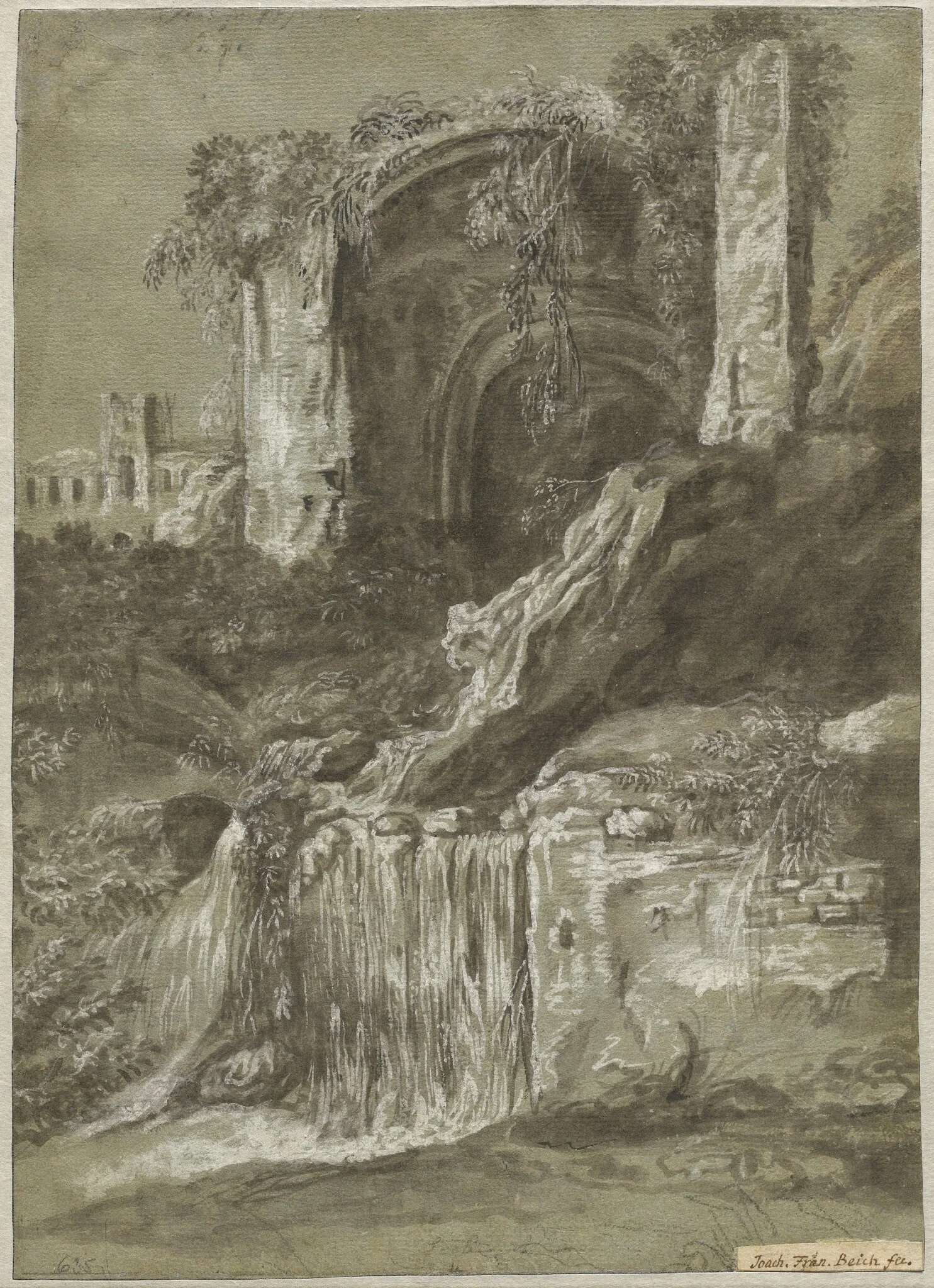 A Waterfall with Ruins (verso), by Joachim Franz Beich, gouache, 1709