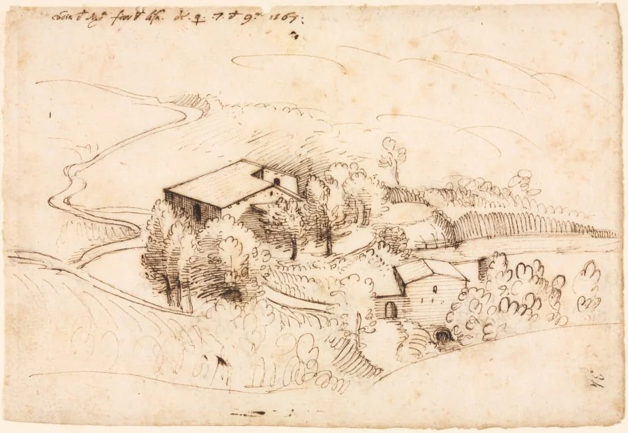 Farm with Trees in a Hilly Landscape, by Gherardo Cibo, 1567