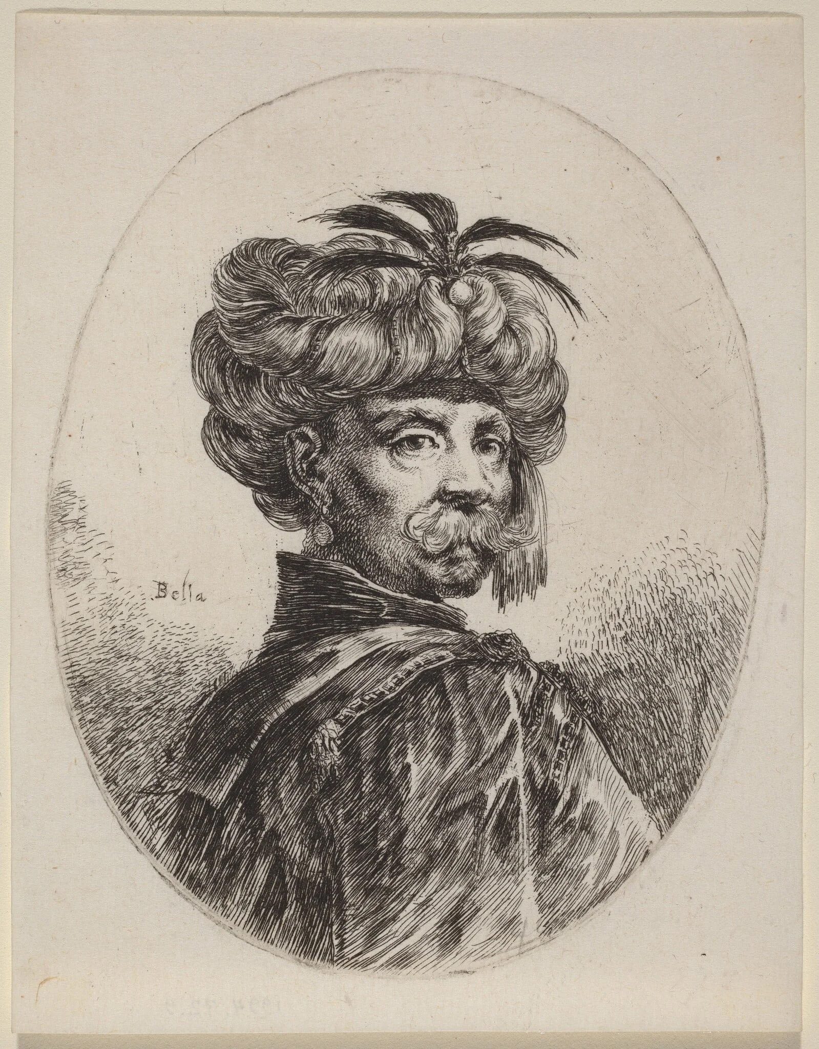 Moor in a Turban Trimmed with Five Feathers, by Stefano Della Bella, ink, 1650