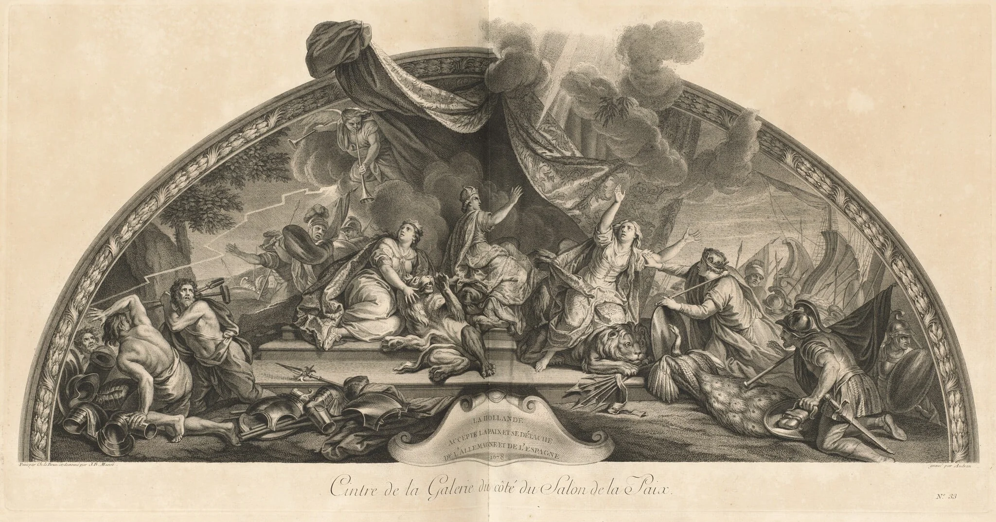 La Hollande accepte la paix et se détache de l'Allemagne et de l'Espagne 1678 Cintre de la Galerie du côté du Salon de la Paix (Holland Accepts Peace and Detaches Itself from Germany and Spain 1678, Center of the Gallery next to the Salon of Peace) [pl. 33]