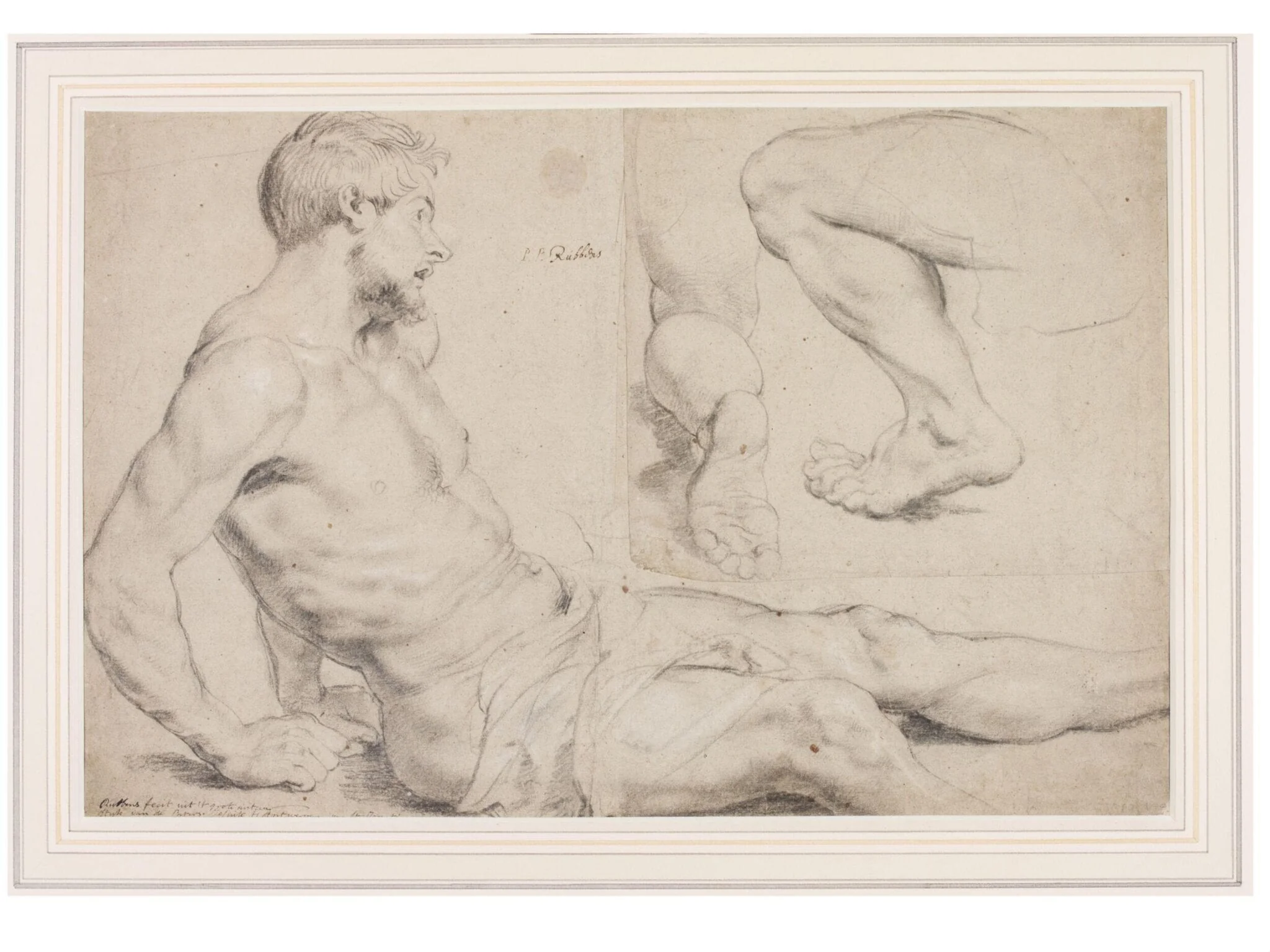 Study of the Man Raised from the Dead and Two Studies of Legs in a Kneeling Position, for figures in "Miracles of St Francis Xavier", by Peter Paul Rubens, 1618