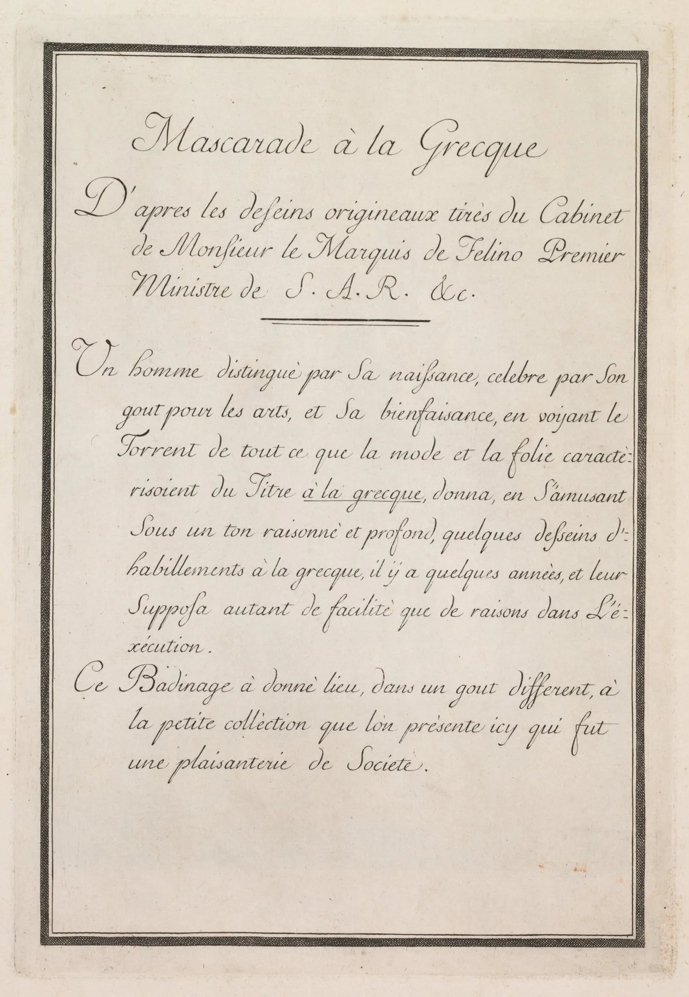 Mascarade à la Grecque: Title Page, Plate 1, by Benigno Bossi, 1771