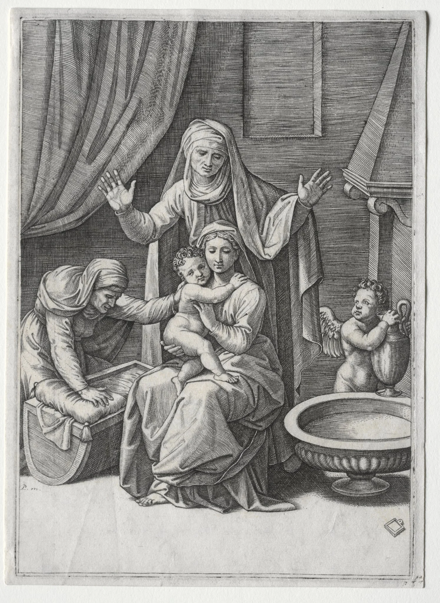 The Virgin and  the Cradle with Saint Elisabeth and Saint Anne, by Marcantonio Raimondi, 1520