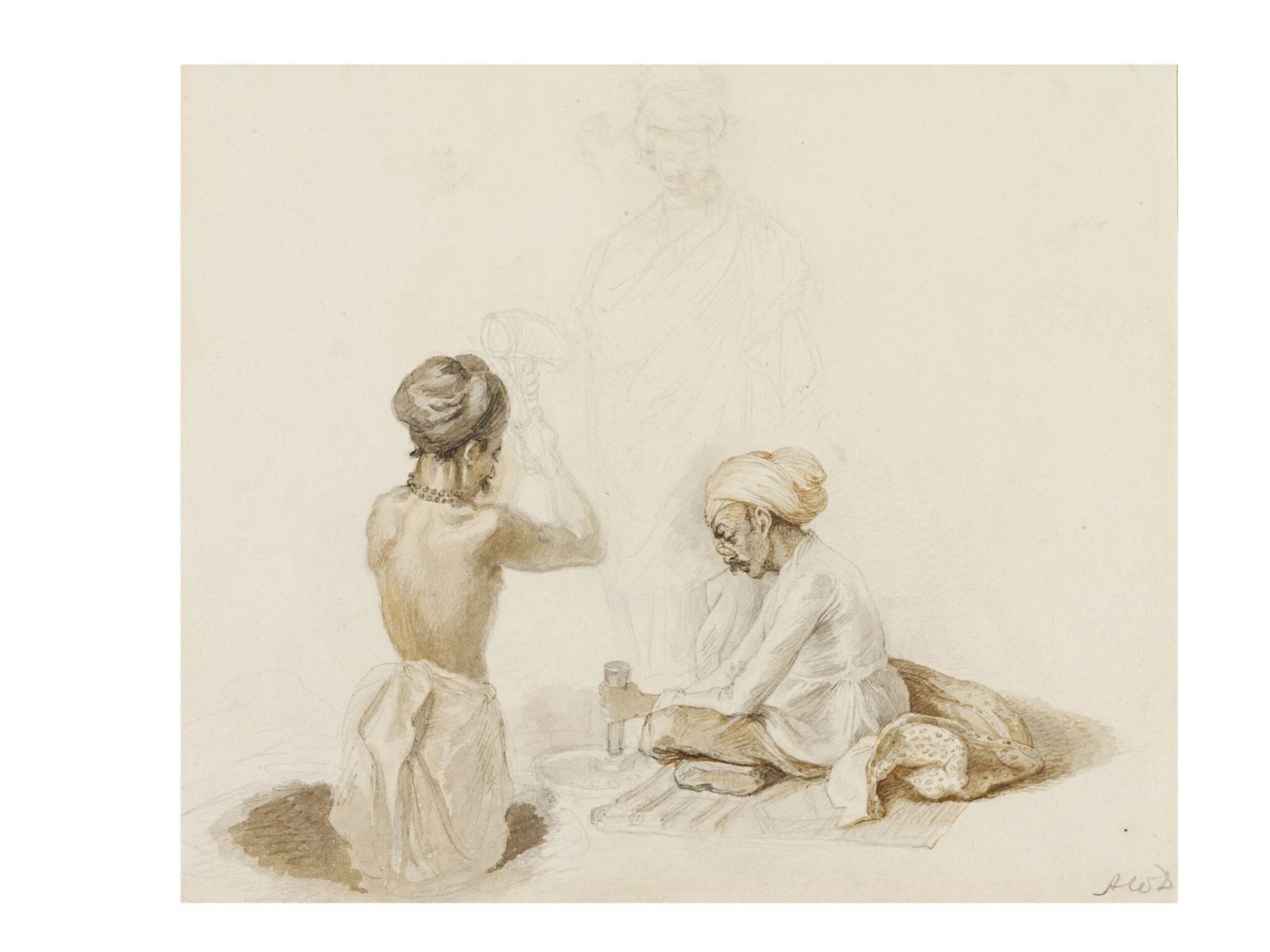 An Indian metal-worker seated cross-legged with his assistant, who raises and hammer, and another figure standing behind