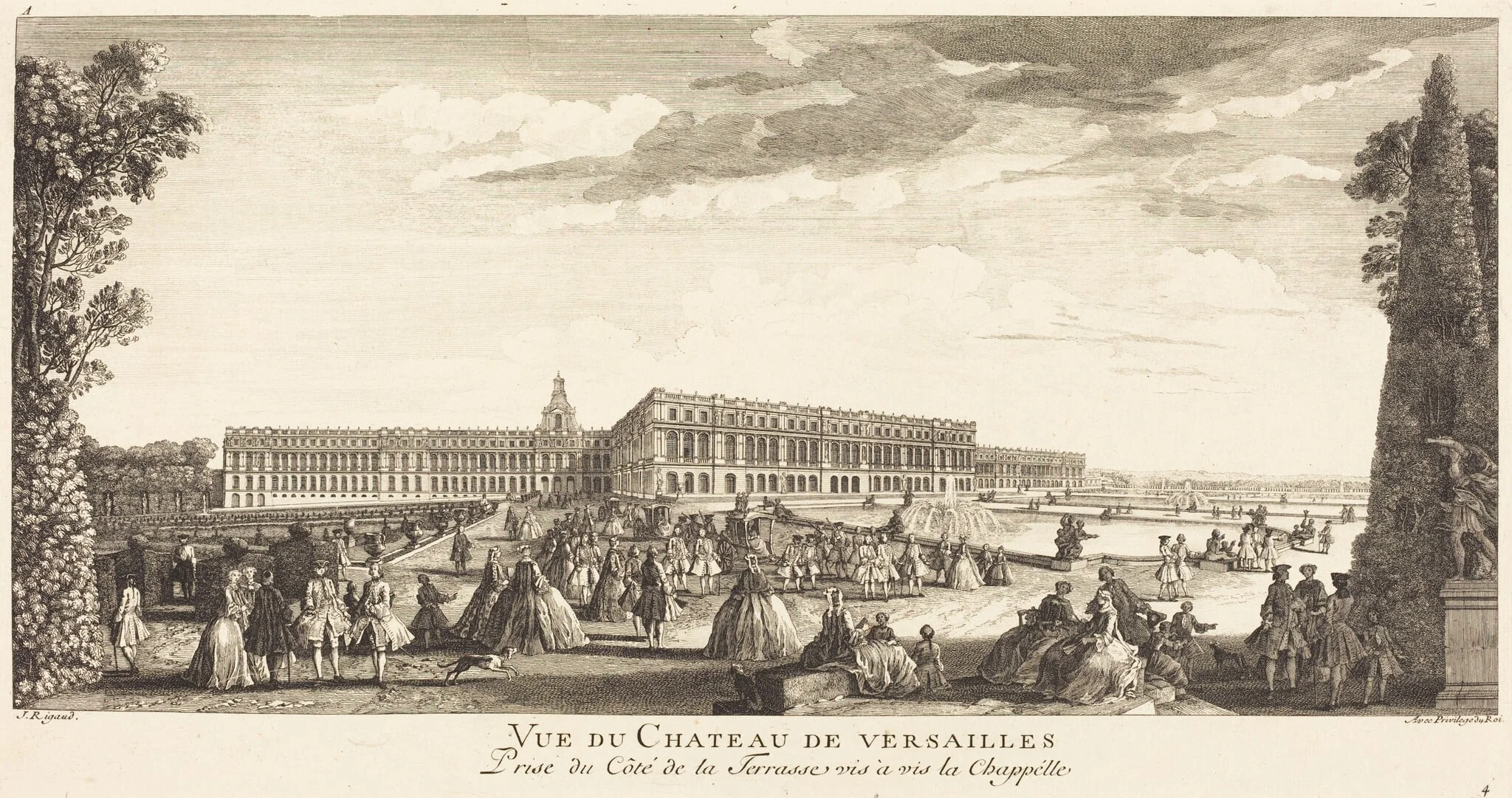 Vue du Chateau de Versailles Prise du Cote dela Terrasse vis a vis la Chapelle, by Jean-Baptiste Rigaud, ink, 1746