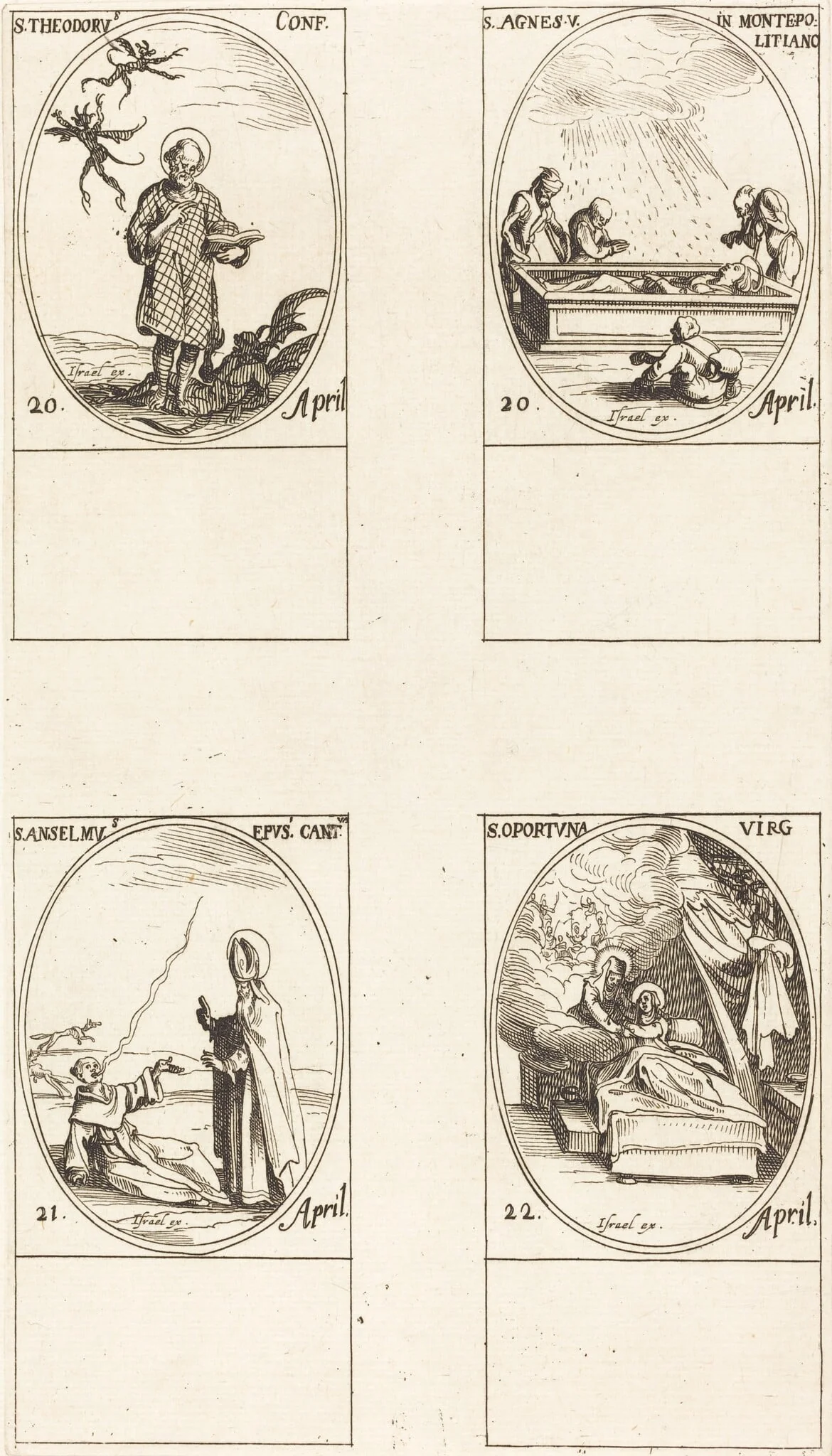 St. Theodorus; St. Agnes of Monte Pulciano; St. Anselme, Archbishop of Canterbury; St. Opportuna and Virgin, by Jacques Callot, ink, 1634