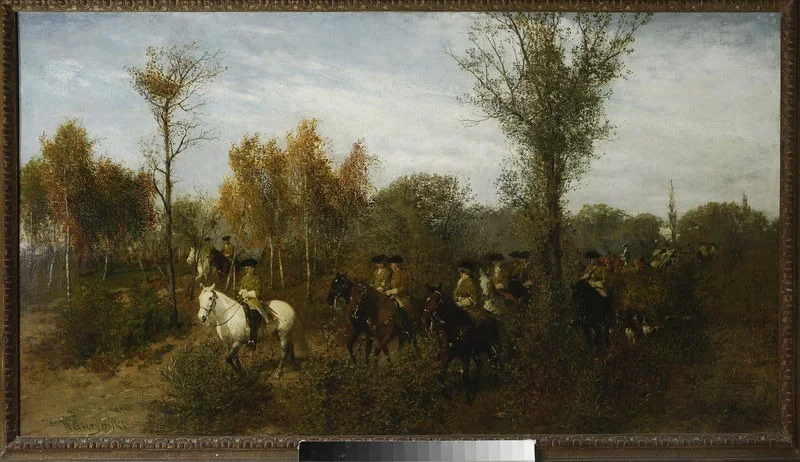 Horsemen passing though a birch grove, by Maksymilian Gierymski, oil, 1870