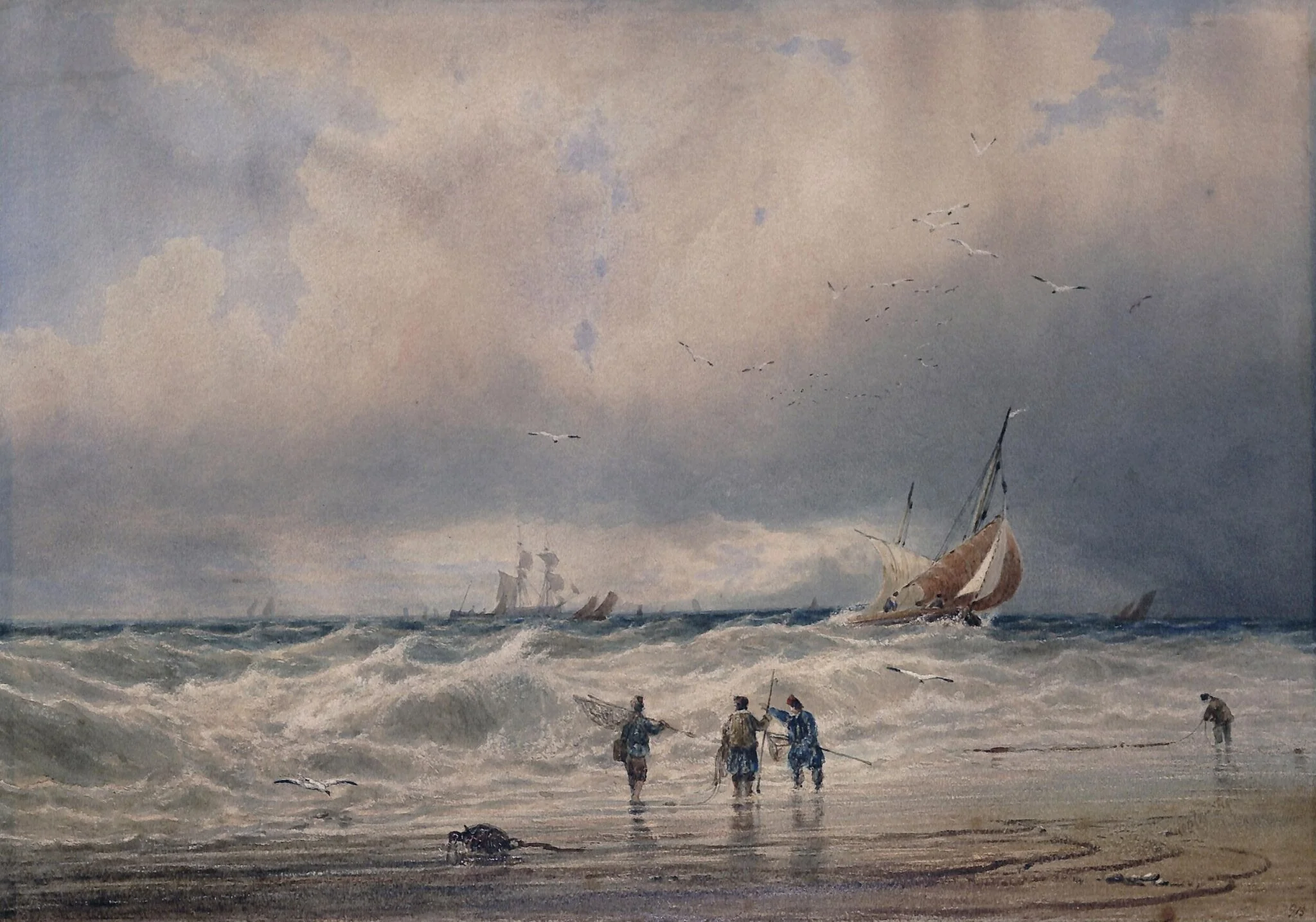 Sea view, with shipping, by fielding, watercolor