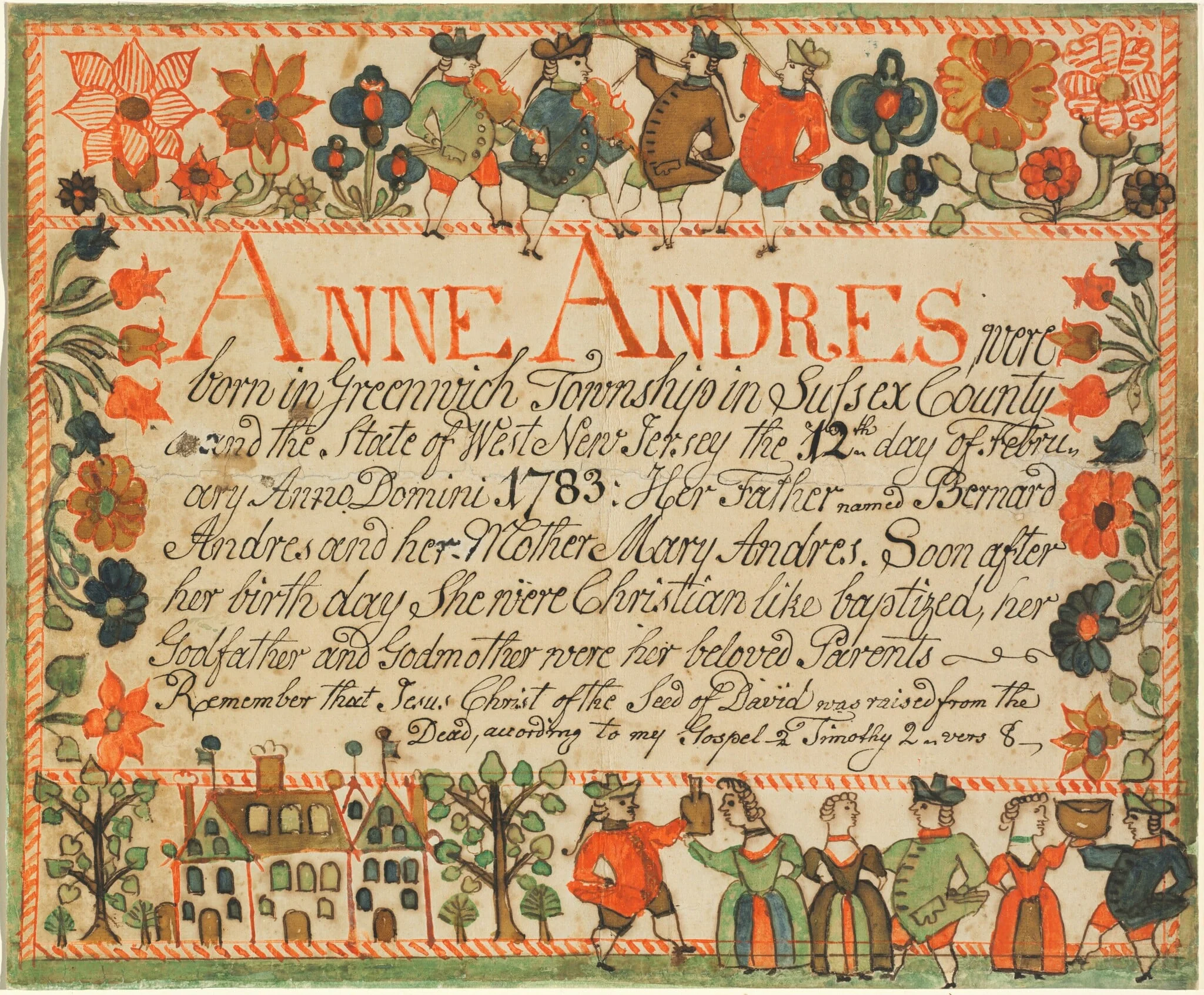 Birth and Baptismal Certificate for Anne Andres, by Johannes Ernst Spangenberg, ink, 1783
