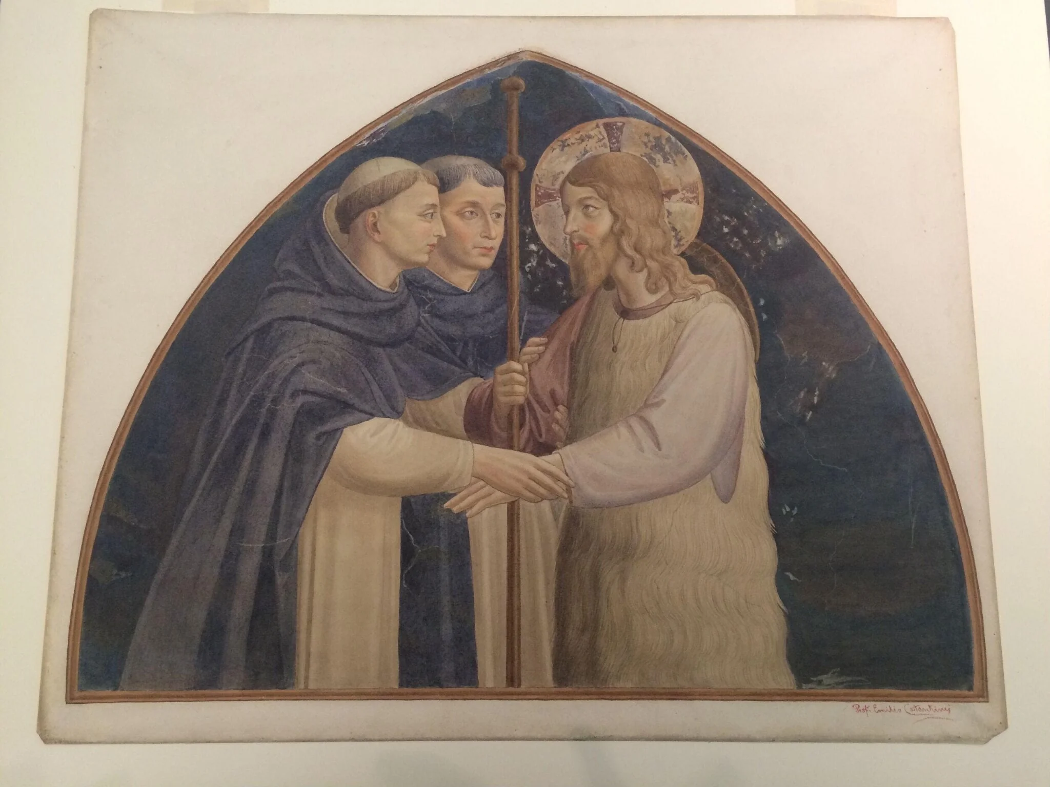 Copy after the fresco Christ as pilgrim received by two Dominicans, Fra Angelico in the Museo di San Marco (Florence)., by Fra Angelico, watercolor, 1889