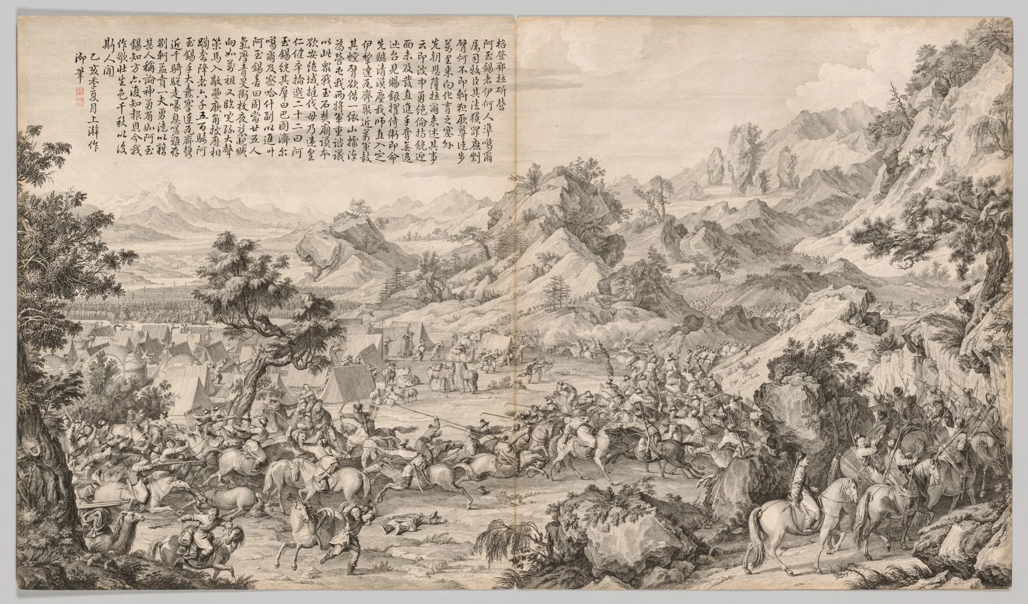 Attacking the Camp at Gatan Ola: from Battle Scenes of the Quelling of Rebellions in the Western Region, with Imperial Poems, by Giuseppe Castiglione, 1770