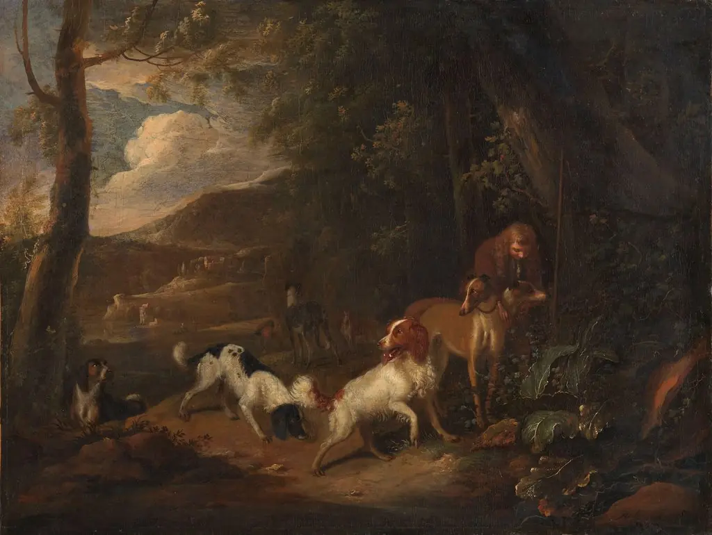 Hunter with hounds at the edge of a wood