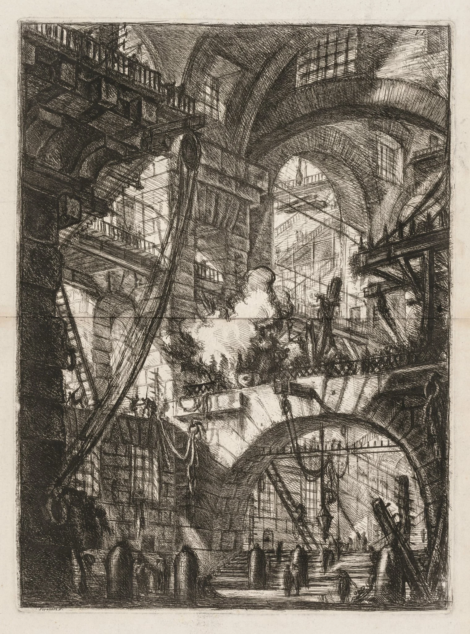 The Prisons:  A Perspective of Arches with a Smoking Fire in the Center, by Giovanni Battista Piranesi, 1749