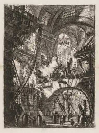 The Prisons:  A Perspective of Arches with a Smoking Fire in the Center