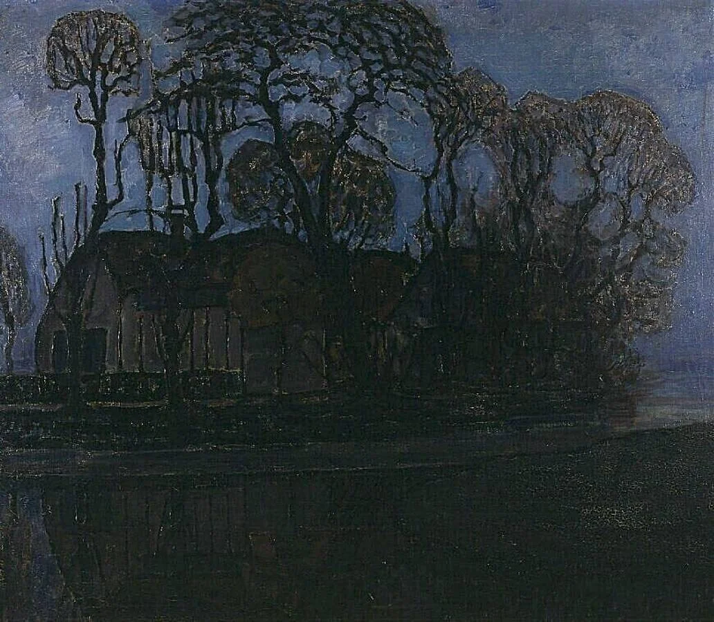 Farm in Duivendrecht at evening, by Piet Mondrian, oil, 1916