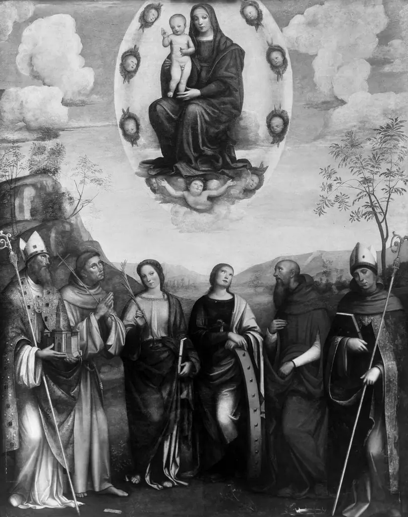 Mary with the child in glory adored by six saints